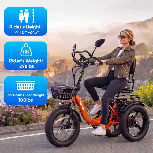 Vista 9 de NARRAK Triciclo eléctrico para adultos, triciclo eléctrico plegable con neumáticos gruesos, bicicletas eléctricas de 3 ruedas, pico de 1350 W