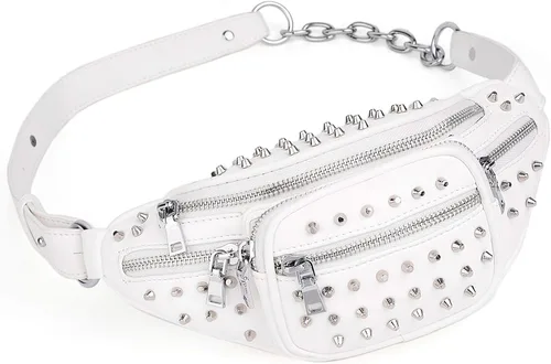 Vista 8 de UTO Fanny-Pack-for-Women's - Riñonera vegana de cuero con remaches tachuelas, ligera, con cremallera, bolsillo al hombro, 0879 Negro