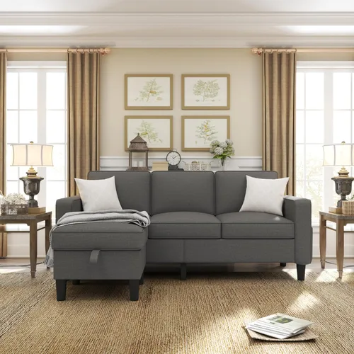 Vista 3 de ZeeFu Sofá para sala de estar – Sofá seccional en forma de L de lino beige de 78 pulgadas con otomana de almacenamiento – Moderno sofá tapizado