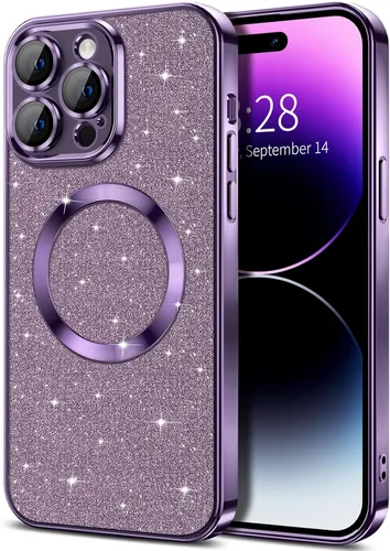 Vista 12 de Hython para iPhone 12 Funda con chispas brillantes, fundas transparentes magnéticas con protector de lente de cámara [Compatible con MagSafe]