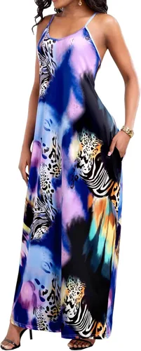 Vista 4 de ZonJie Vestido largo casual bohemio con estampado floral para mujer, holgado, cuello en V, tirantes delgados ajustables, longitud al suelo