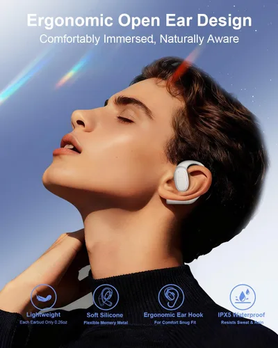 Vista 2 de ENC - Auriculares inalámbricos con 2 micrófonos, llamadas claras AI, cómodos ganchos para los oídos, sonido estéreo, auriculares Bluetooth
