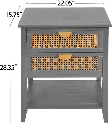 Vista 3 de ZeHuoGe Mesita de noche de ratán, mesa auxiliar con 2 cajones profundos, fusión moderna-rústica, gris, 22 pulgadas de ancho x 28.35 pulgadas de alto