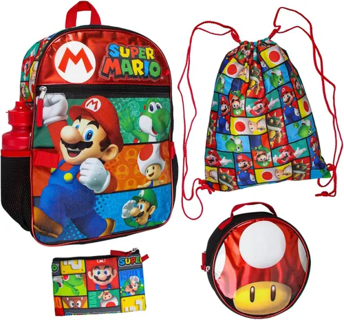 Vista 2 de Super Mario - Mochila con bolsa de almuerzo desmontable de 16 pulgadas, juego de 5 piezas, Color múltiple, Mochila