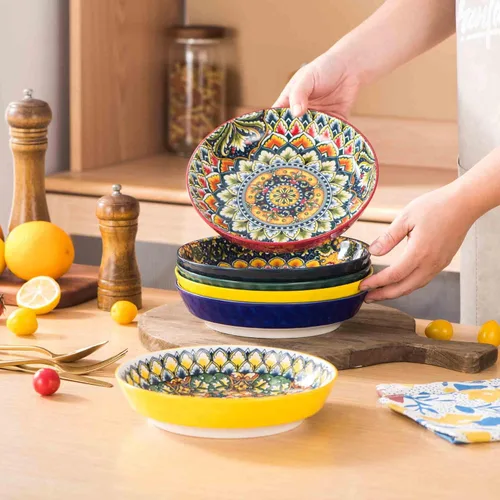 Vista 5 de Henten Home Juego de 6 cuencos de porcelana para pasta de 32 onzas, cuencos de cerámica para sopa, cereales, frutas, estilo bohemio, aptos