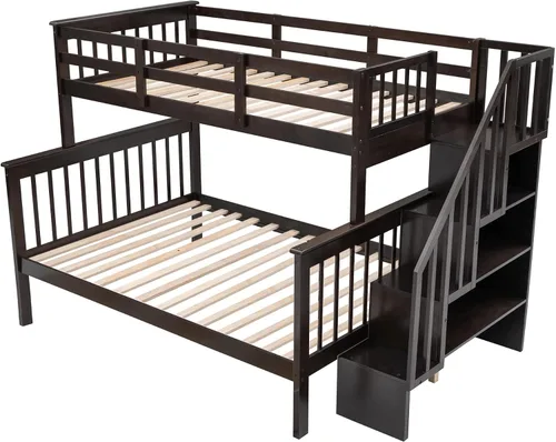 Vista 6 de Harper & Bright Designs Litera individual sobre tamaño matrimonial con escaleras y almacenamiento, cama alta de madera de pino maciza para niños