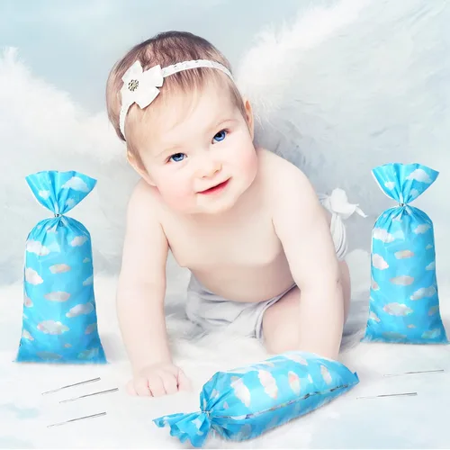 Vista 6 de Outus 100 bolsas de regalo para fiesta de juguete, cielo azul, nubes blancas, bolsas de regalo de cielo azul con lazos giratorios para niños