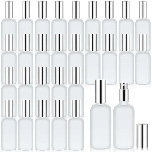 Vista 15 de Roshtia 30 botellas vacías decorativas transparentes de 0.33 onzas fluidas de color madera de haya con atomizador de perfume recargable, con bomba