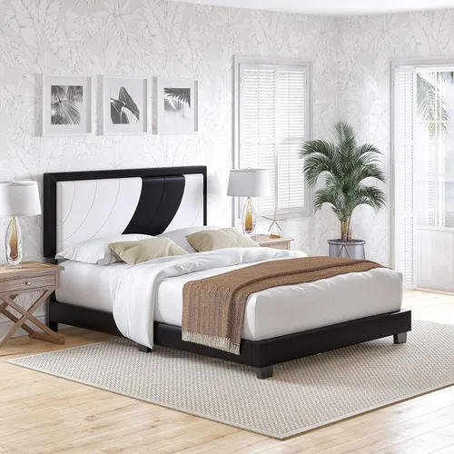 Vista 19 de Beaumont - Cama de plataforma tapizada con cabecero, base de colchón con 14 soportes de listones de madera, no requiere somier, piel sintética