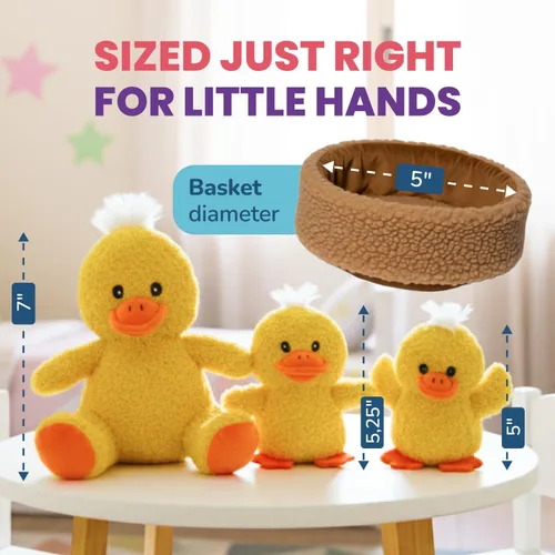 Vista 3 de Juego de juguetes de peluche de la familia de patos de tres piezas, con tres juguetes de peluche de pato amarillo con canasta, peluche suave de pato