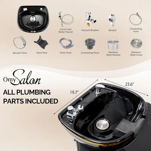 Vista 4 de OmySalon Unidad de lavado a contracorriente de champú con cuenco grande de porcelana, fregadero de salón, silla de lavado de cabello, estación
