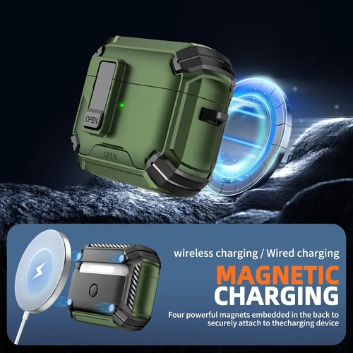 Vista 6 de Inesore Funda para AirPods Pro 1ª/2ª con bloqueo seguro (verde oscuro) Cubierta magnética de bloqueo automático con soporte para teléfono y kit
