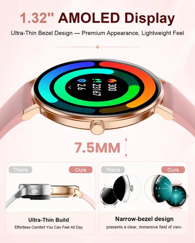 Vista 2 de Smart Watches for Women,1.32'' AMOLED Ultra-Thin Smart Watch with Bluetooth Make/Answer Call,Heart Rate/SpO2/Sleep Tracker,120+ Sport Modes IP68