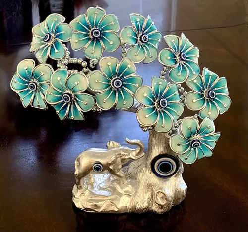 Vista 2 de Betterdecor - Adorno azul de ojo turco turco Nazar Lucky Forutne árbol bonsái con elefante, decoración para el hogar y la oficina (plateado-azul)