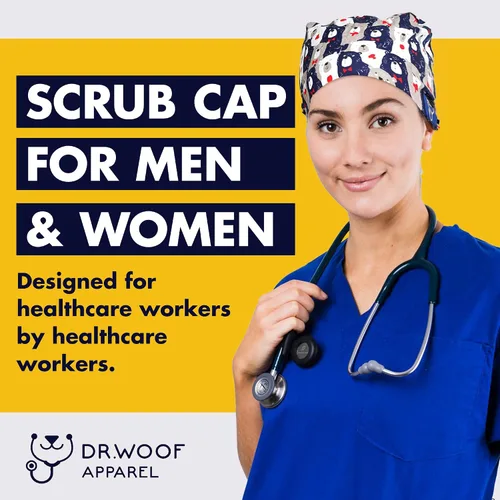 Vista 2 de Dr. Woof Apparel - Gorras quirúrgicas para mujeres y hombres, sombreros lavables, enfermeras, otros trabajadores de la salud, coloridos con botones