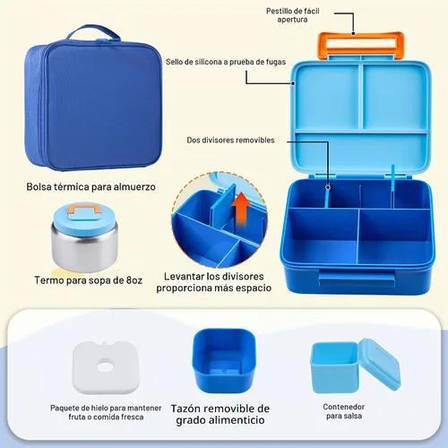 Vista 3 de Lonchera Bento para niños con termo, a prueba de fugas, con tarro de comida aislado de 8 onzas, bolsa de almuerzo, sin BPA, apta para lavavajillas