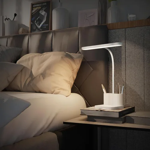 Vista 2 de AXX Lámpara de Escritorio Blanca para Dormitorio Universitario, Bonita, LED, Regulable, Pequeña, Portabolígrafos, Cuello de Ganso Flexible, Control