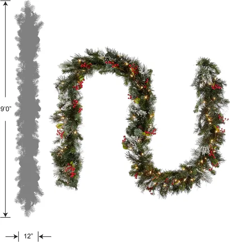 Vista 5 de National Tree Company Guirnalda de Navidad artificial preiluminada, verde, pino invernal, luces blancas, decorada con conos de pino, racimos