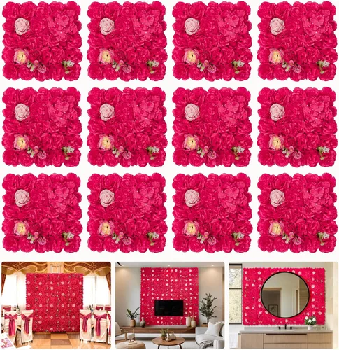 Vista 22 de Telón de fondo de pared de flores, 12 piezas de 16.5 x 16.5 pulgadas, panel de pared floral de rosa de seda artificial, decoración de pared ideal