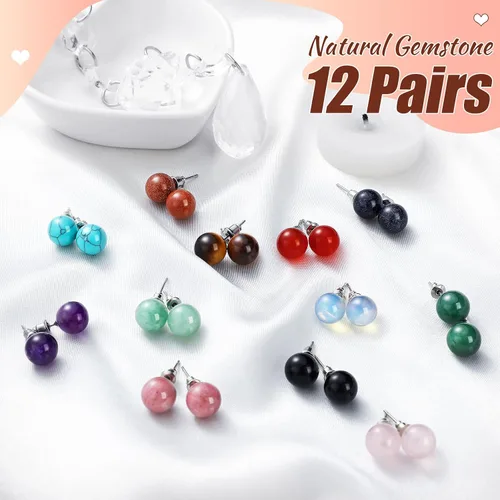 Vista 3 de Laumoi 12 pares de aretes de bola de ágata natural, piedras preciosas, amatista, cuarzo rosa, aretes redondos pulidos, joyería para mujer, Piedras