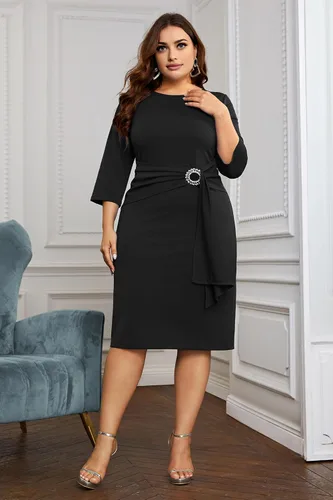Vista 9 de KIMCURVY Vestido de manga 34 para mujer, talla grande, vestido de noche para negocios, cóctel, fiesta, con diamantes de imitación Revomables