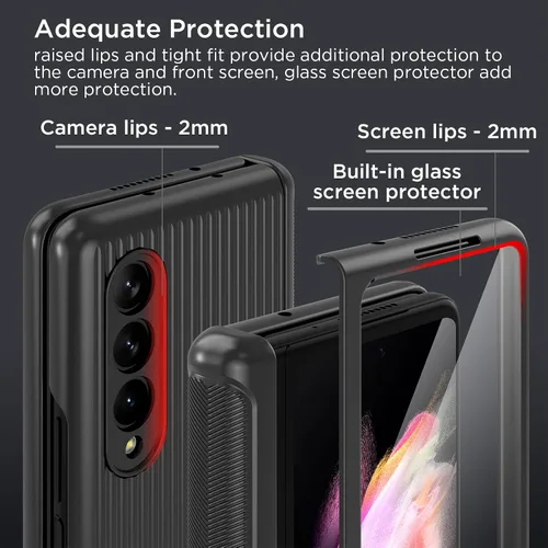 Vista 5 de MAKAVO Funda para Samsung Galaxy Z Fold 3 5G con protección de bisagra, protector de pantalla de vidrio templado integrado, ajuste delgado 3D Negro