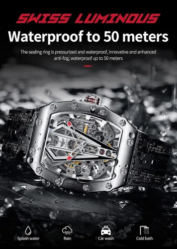 Vista 3 de OLEVS Relojes mecánicos automáticos de esqueleto para hombre, correa de silicona Tonneau de lujo, cristal de zafiro, impermeable, relojes de pulsera