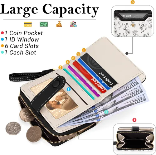 Vista 2 de BIAOTIE - Cartera para mujer con flores bonitas, con bloqueo RFID, tarjetero para tarjetas de crédito, monedero pequeño de dos pliegues
