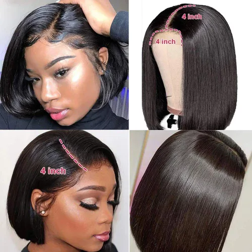 Vista 4 de Peluca corta lacia 4x4 con cabello de bebé, peluca frontal de encaje transparente, línea capilar prearrancada, cabello humano virgen brasileño negro