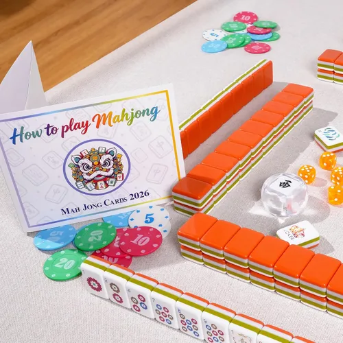 Vista 5 de Juego de azulejos Mahjong americanos de acrílico de 4 capas grabadas Naranja oscuro