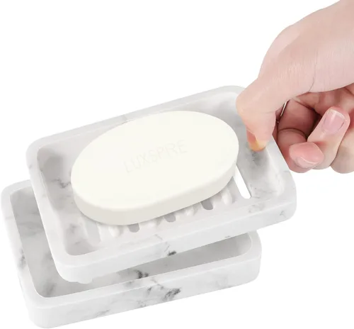 Vista 9 de Luxspire Jabonera de Bambú, Soporte de Jabón de Resina con Drenaje, Jabonera Ovalada de Madera para Ducha, Baño, Lavabo, Cocina y Encimera, Blanco