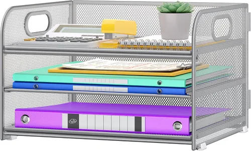 Vista 10 de Cawukege Organizador de papel de 3 niveles con asa, organizador de escritorio de metal, bandeja de cartas de papel de malla, carpeta de archivos