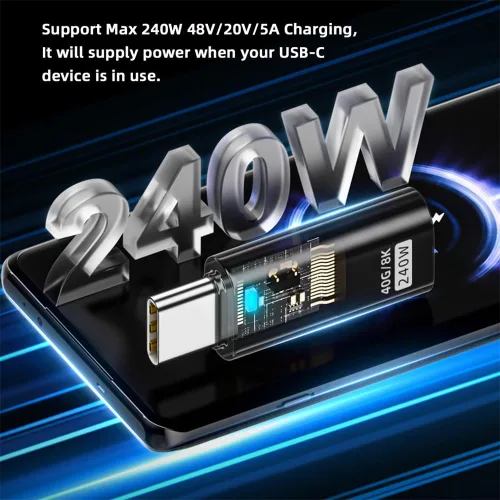 Vista 3 de xiwai Transparente USB4 tipo C macho a hembra adaptador de extensión con LED 240W Power 40Gbps Data 8K Video Converter para teléfono portátil