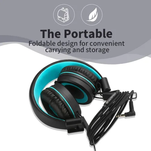 Vista 4 de POWMEE M3 - Auriculares para niños con micrófono, ligeros, plegables, ajustables, estéreo, con graves con cable de 4.3 ft sin enredos para Negro