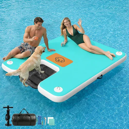 Vista 23 de AWEMUFA Muelle flotante inflable con rampa de 5 pies/6 pies/8 pies/10 pies, plataforma flotante flotante, tapete flotante de isla flotante, flotador
