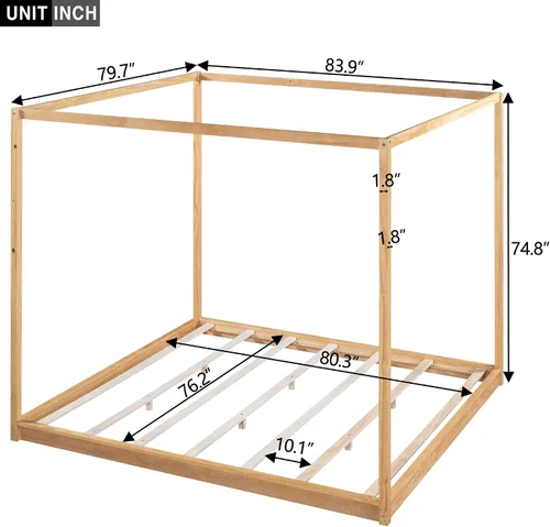 Vista 2 de Harper & Bright Designs Cama King con dosel de madera con 4 paneles de póster, marco de cama de suelo, cama de plataforma tamaño King para niños