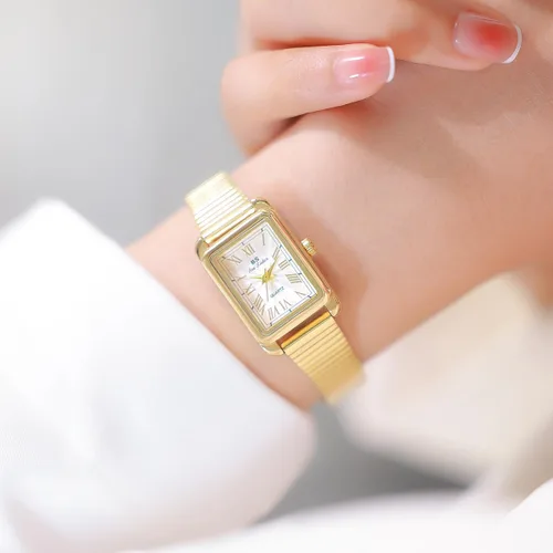 Vista 2 de CARLIEN Reloj de cuarzo para mujer, clásico, clásico, rectangular, impermeable, correa de acero inoxidable, pequeño, delicado, dorado, plateado