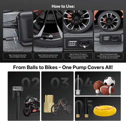 Vista 6 de Inflador de neumáticos Compresor de aire portátil con soplador de aire eléctrico y arrancador de automóvil: bomba de bicicleta inalámbrica de 150