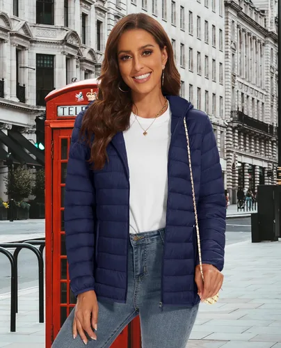 Vista 6 de MAGCOMSEN Chaqueta acolchada con capucha para mujer, ligera, acolchada, con 4 bolsillos, con cremallera, ropa cálida para invierno
