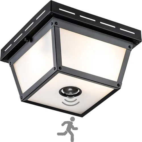 Vista 2 de Lámpara de techo con sensor de movimiento de 2 luces, luz empotrada para exteriores, luces de porche, montaje en techo negro con vidrio texturizado