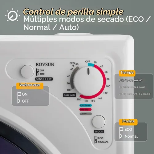 Vista 4 de ROVSUN Secadora de ropa portátil de 9 libras, 110 V 1400 W, eléctrica compacta, de carga frontal, con bañera de acero inoxidable y perilla de fácil
