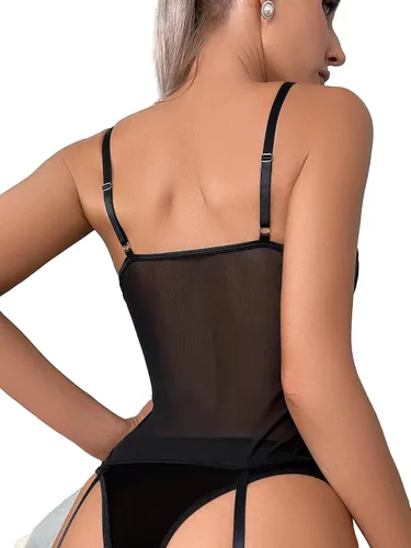 Vista 2 de Lilosy Conjunto de lencería sexy con aros de encaje floral de encaje transparente, 2 piezas