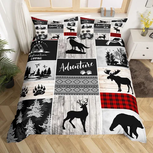 Vista 17 de Juego de funda de edredón para niños de ciervo, oso, lobo, tamaño individual, juego de ropa de cama de cabaña de aventura para niños, niñas