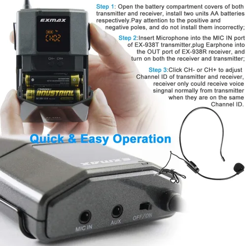 Vista 8 de EXMAX EX-938 Micrófono Inalámbrico Auricular Guía Turística Sistema Intérprete Transmisor Transmisor Traductor en su Oído para Traducción Iglesia