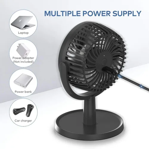 Vista 5 de Mini ventilador de escritorio, ventilador de escritorio alimentado por USB con 4 velocidades, pequeño pero potente, flujo de aire fuerte, trabajo