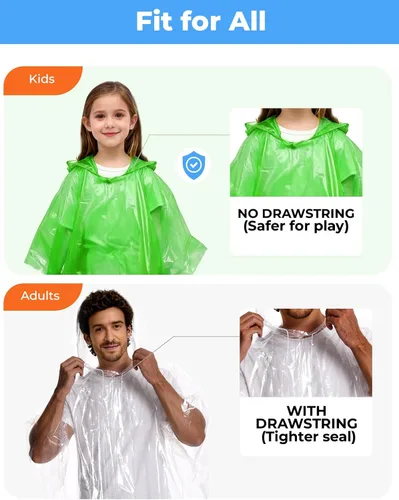 Vista 2 de Ponchos de lluvia para adultos, niños y familia 4, 8, 9 y 16 opciones de paquete Extra grueso, resistente al desgarro con capucha