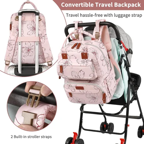 Vista 5 de Mochila para pañales, mochila grande para pañales con cambiador portátil, bolsas de pañales para niñas, mochila de viaje floral multifunción