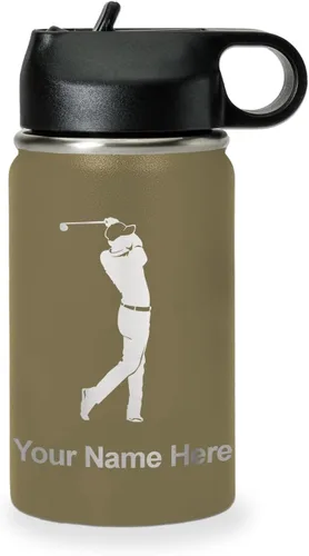 Vista 24 de LaserGram Botella de agua personalizada, golfista de golf, acero inoxidable de doble pared aislada al vacío con popote superior, regalo grabado Negro