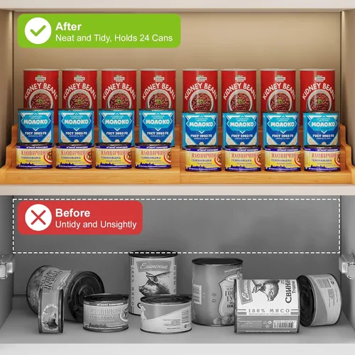 Vista 8 de Organizador de latas de bambú expandible para despensa, soporte de almacenamiento de latas ajustable de 3 niveles, organizador de soda con capacidad
