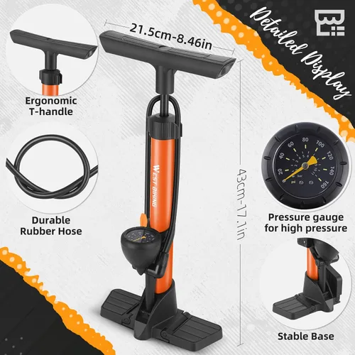Vista 4 de Bomba de piso para bicicleta, bomba de bicicletas con manómetro, bomba de aire de bicicleta con alta presión de 160 psi, bomba de neumáticos